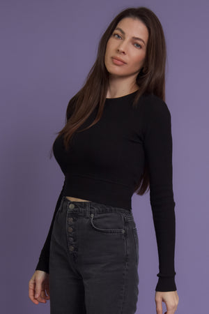 Cutout back sweater top, in black. Image 9