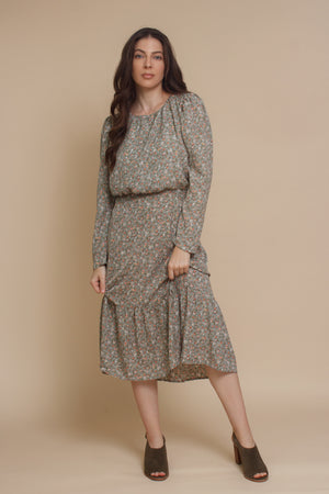 Vintage inspired ditsy floral midi dress, in olive. Image 12