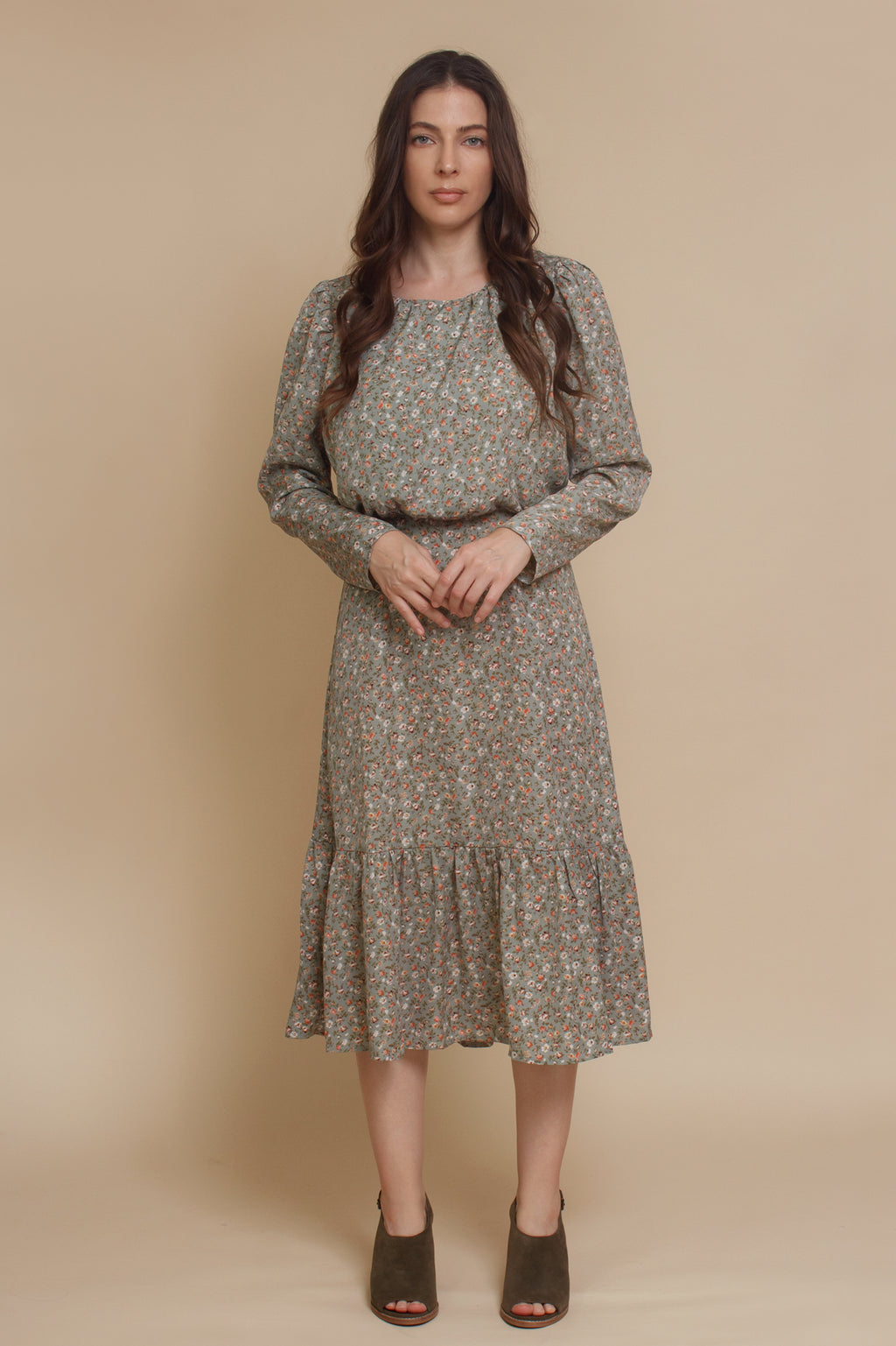 Vintage inspired ditsy floral midi dress, in olive. Image 4