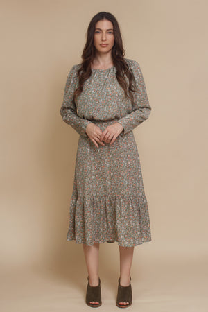 Vintage inspired ditsy floral midi dress, in olive. Image 4