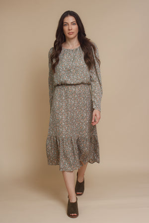 Vintage inspired ditsy floral midi dress, in olive. Image 6