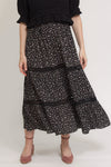 Ditsy floral print midi skirt with lace contrast detail, in black. Image 10