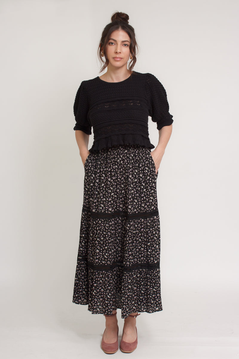 Ditsy floral print midi skirt with lace contrast detail, in black. Image 13
