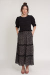 Ditsy floral print midi skirt with lace contrast detail, in black. Image 13