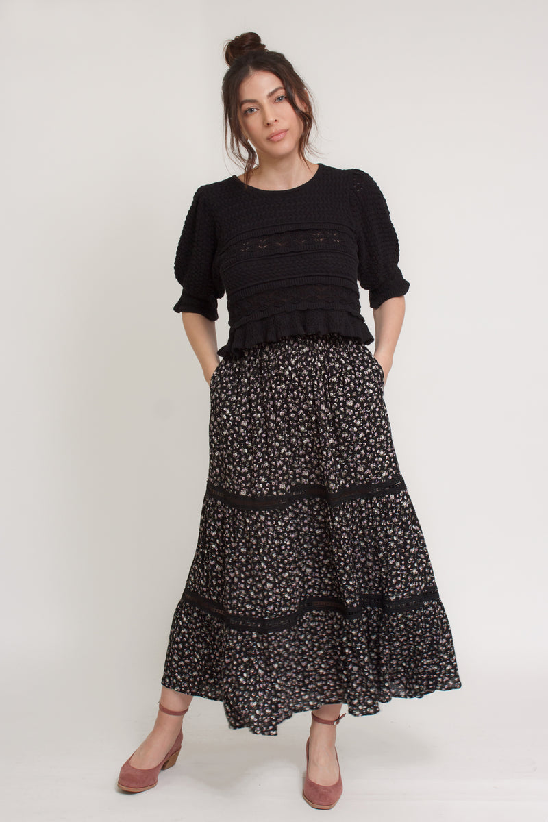 Ditsy floral print midi skirt with lace contrast detail, in black. Image 14