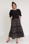 Ditsy floral print midi skirt with lace contrast detail, in black. Image 14