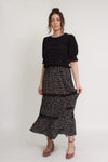 Ditsy floral print midi skirt with lace contrast detail, in black. Image 2