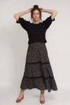 Ditsy floral print midi skirt with lace contrast detail, in black. Image 3