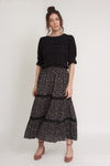 Ditsy floral print midi skirt with lace contrast detail, in black. Image 5