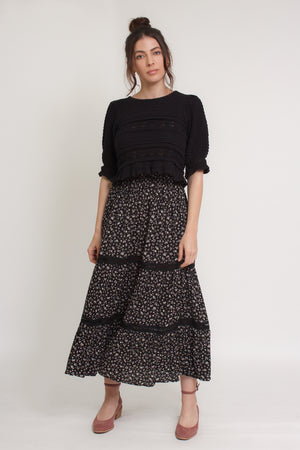 Ditsy floral print midi skirt with lace contrast detail, in black. Image 5