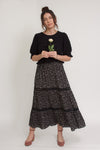 Ditsy floral print midi skirt with lace contrast detail, in black. Image 6