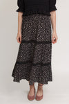 Ditsy floral print midi skirt with lace contrast detail, in black. Image 8