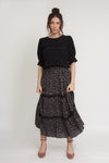 Ditsy floral print midi skirt with lace contrast detail, in black.
