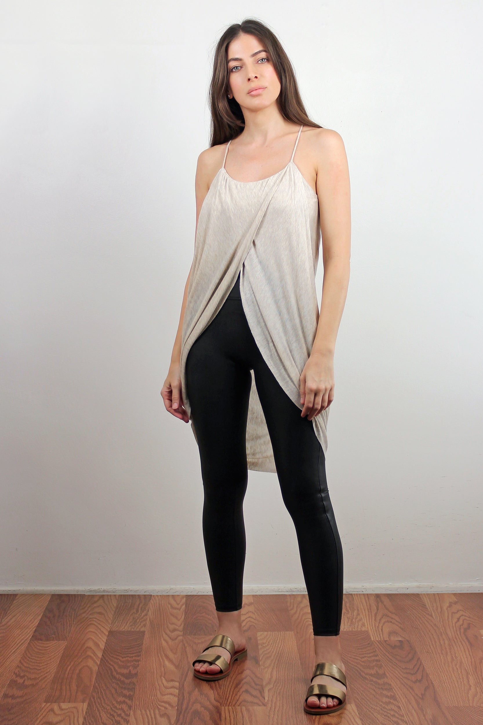 Draped front tulip style tank top, in Oatmeal. Image 2