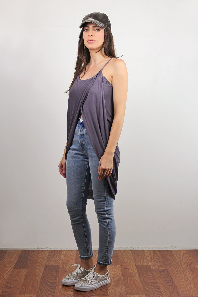Draped front tulip style tank top, in Purple.
