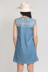 Embroidered chambray denim mini dress. Image 8