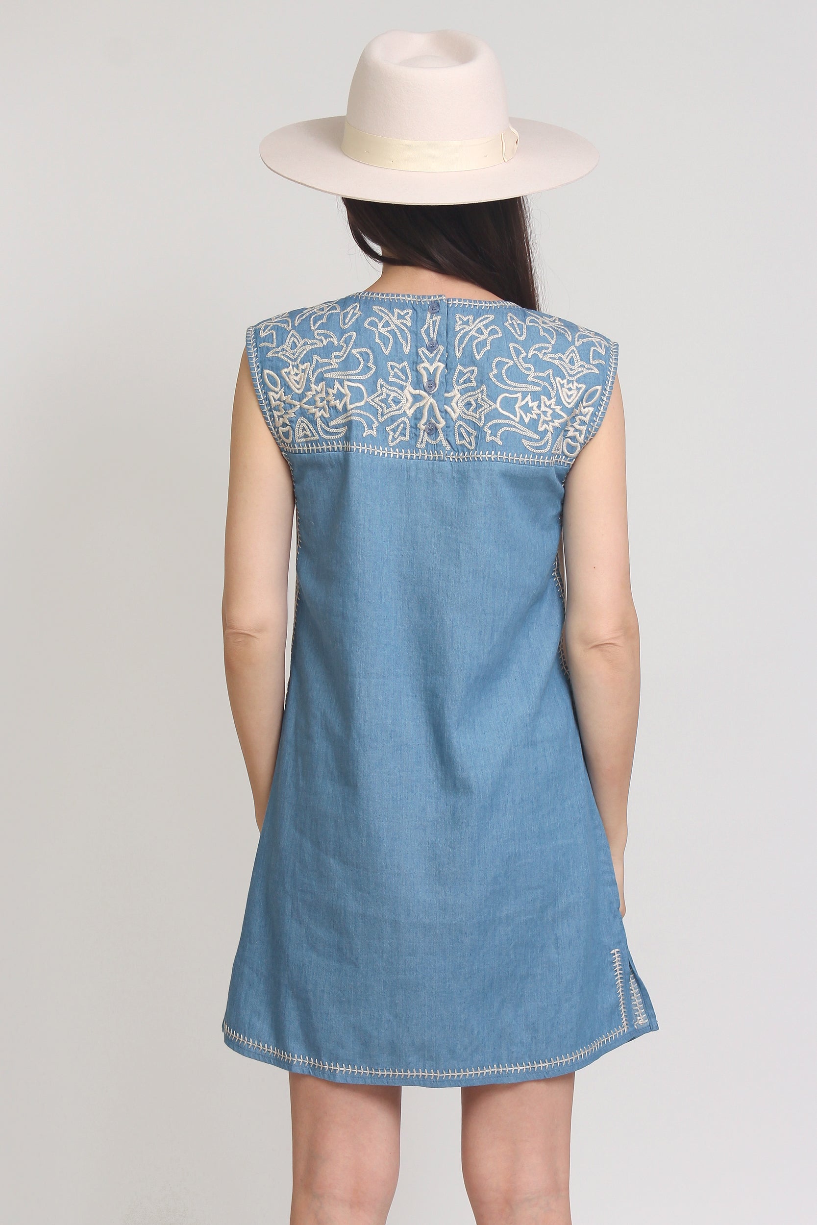 Embroidered chambray denim mini dress. Image 8