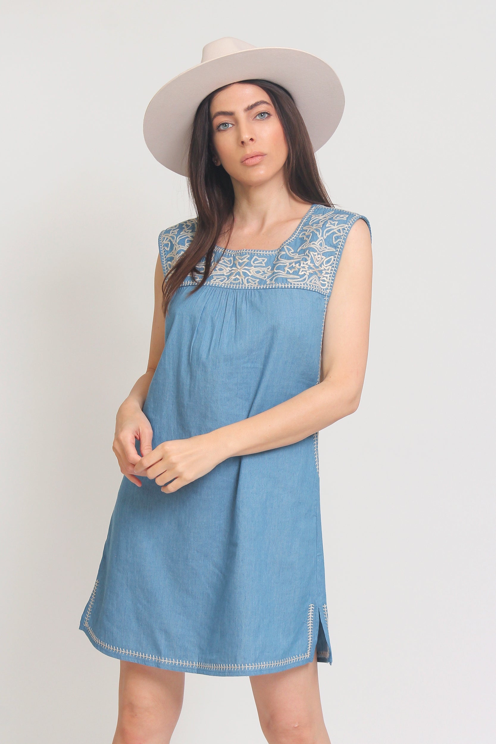 THML Chambray Embroidered Mini Dress medium THML Chambray Embroidered Mini Dress medium