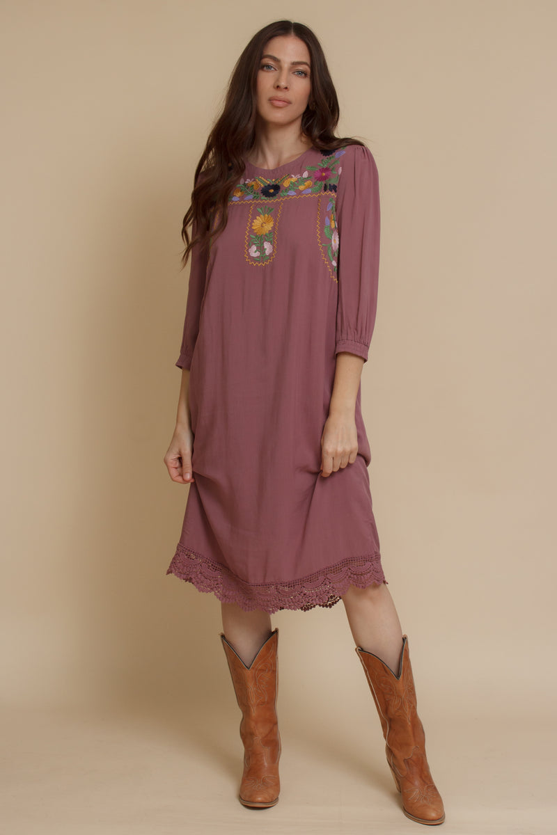 Embroidered floral midi dress, in antique mauve. Image 10