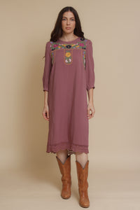 Embroidered floral midi dress, in antique mauve. Image 2