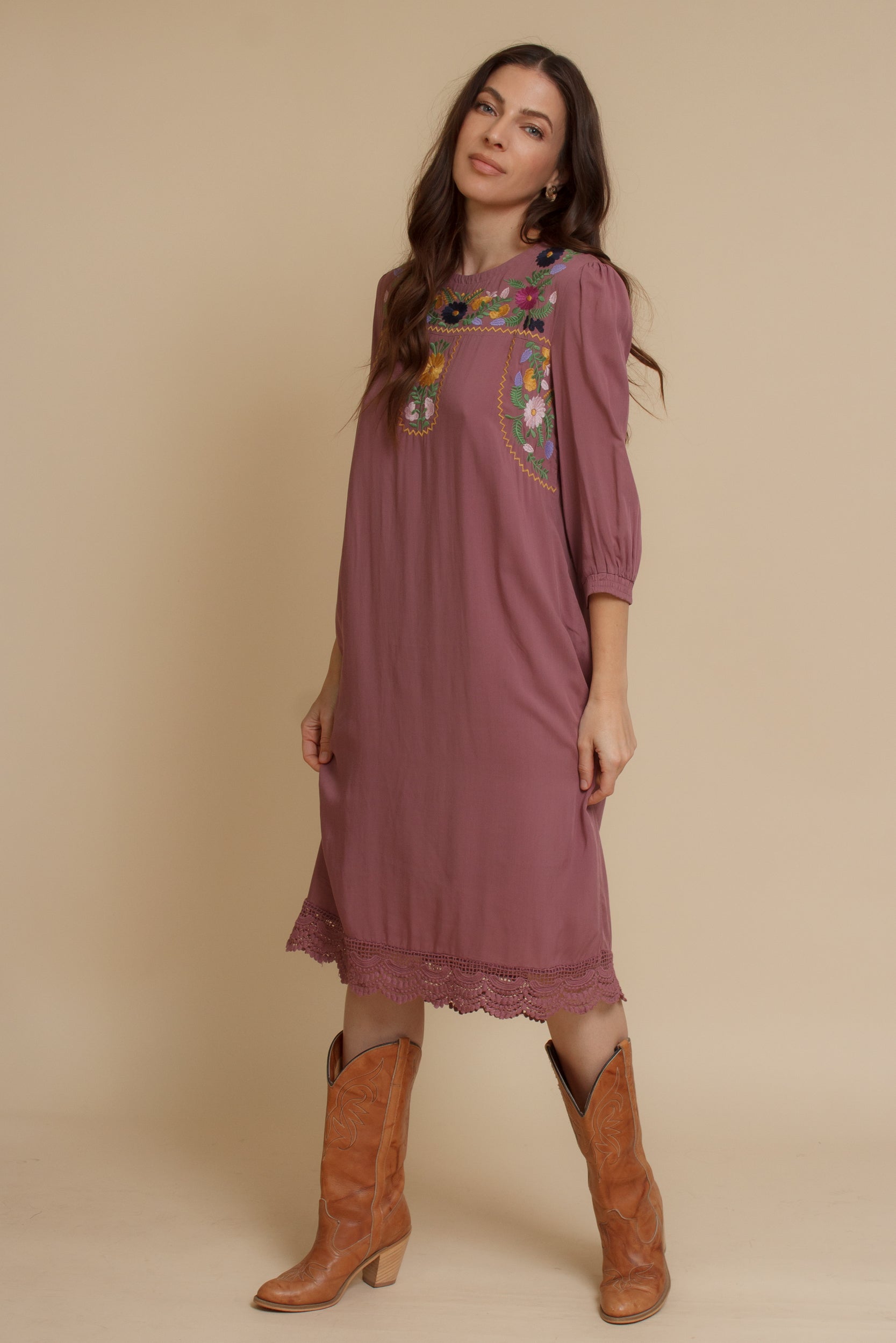Embroidered floral midi dress, in antique mauve. Image 7