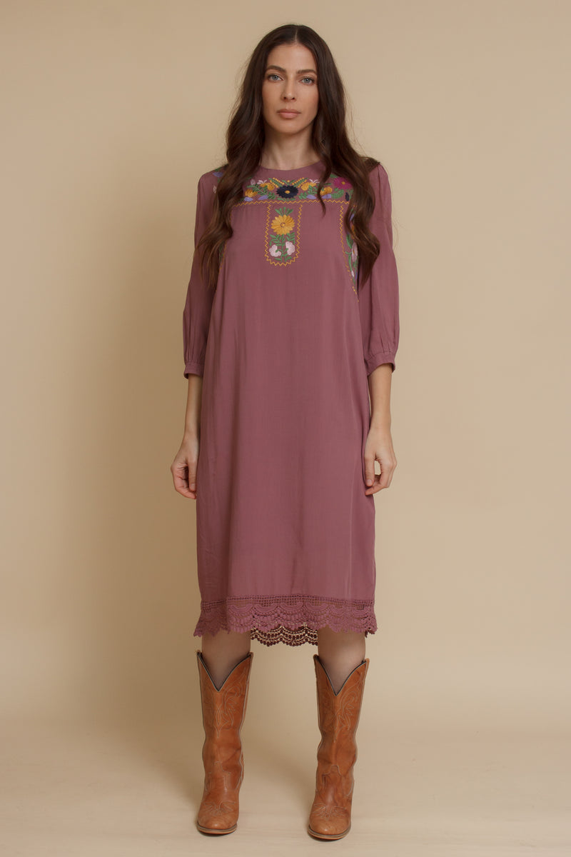 Embroidered floral midi dress, in antique mauve. Image 8