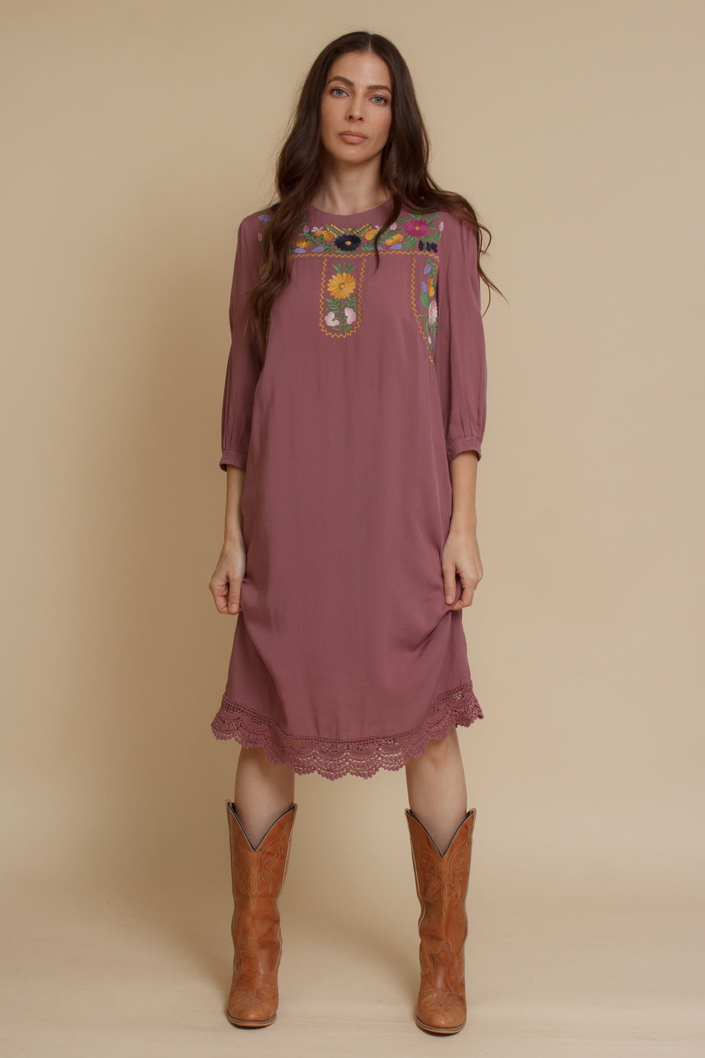 Embroidered floral midi dress, in antique mauve. Image 9