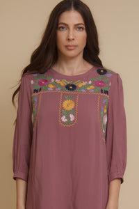 Embroidered floral midi dress, in antique mauve.