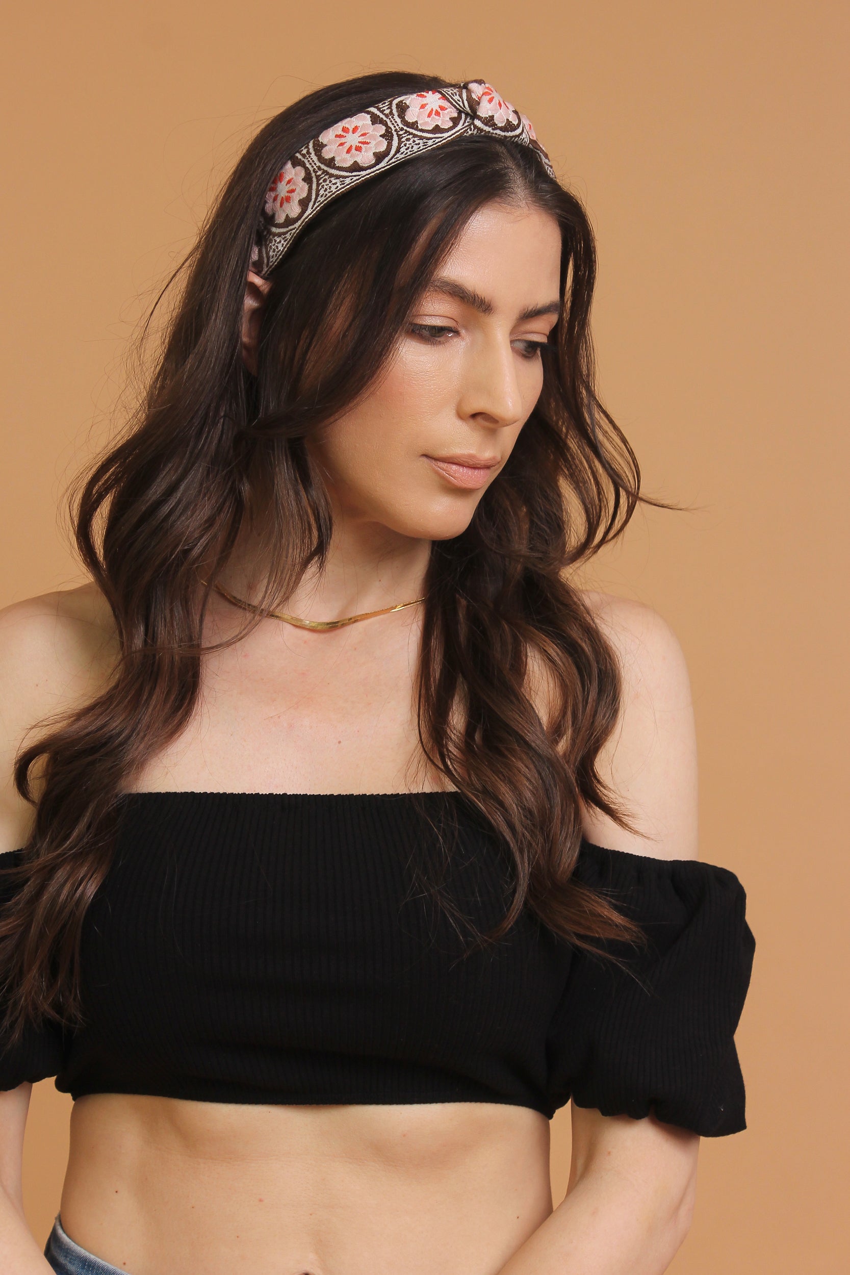 Floral embroidered knot top headband, in brown/pink. Image 3