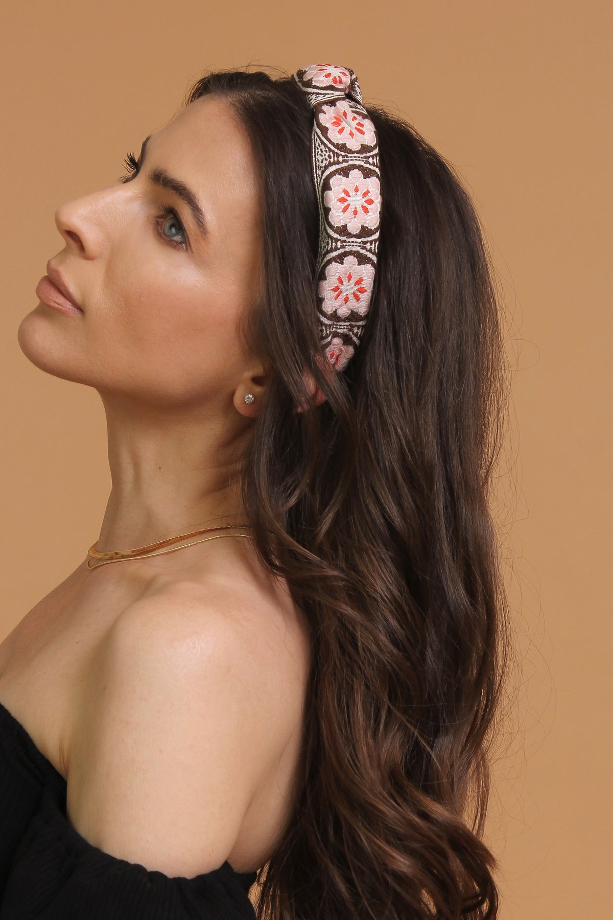 Floral embroidered knot top headband, in brown/pink. Image 4