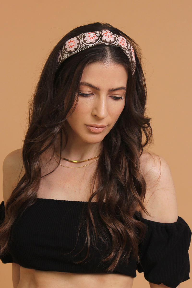 Floral embroidered knot top headband, in brown/pink. Image 5