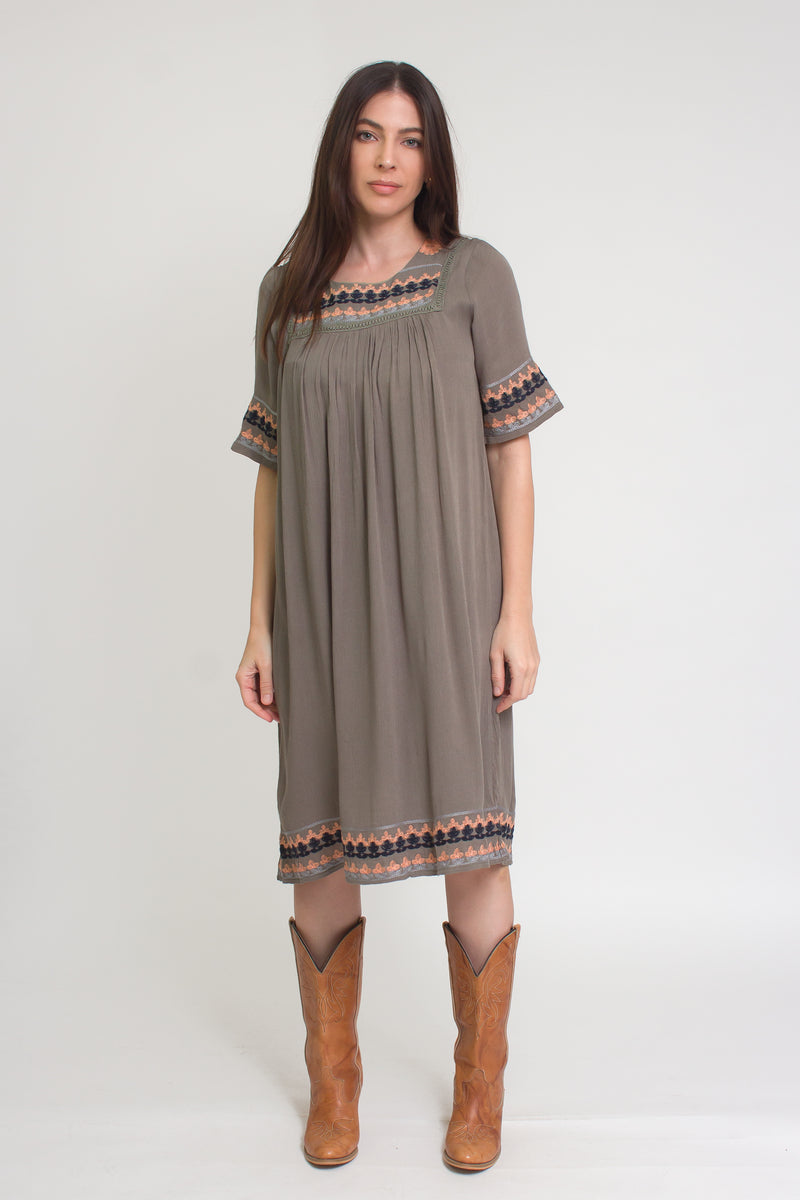 Embroidered midi dress, in olive. Image 2