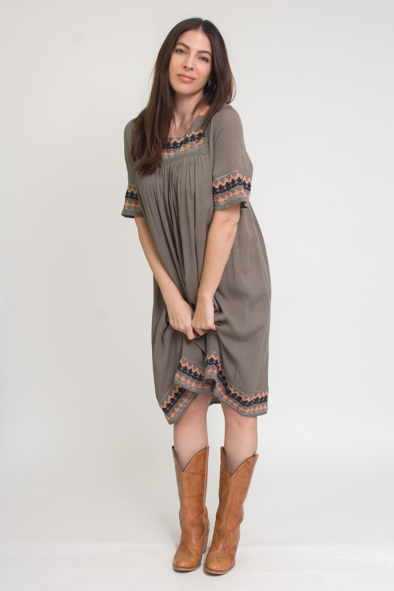 Embroidered midi dress, in olive. Image 6