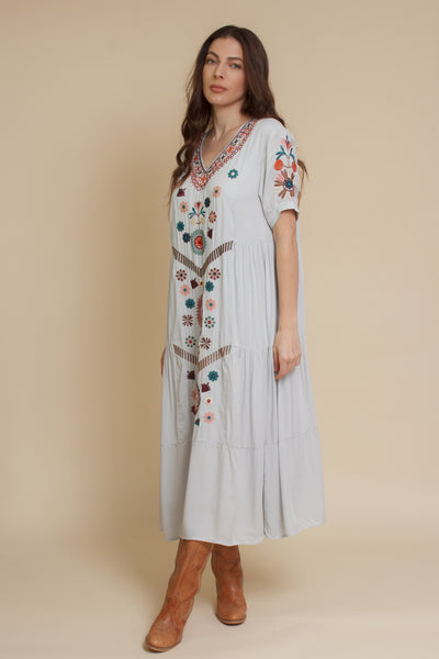 Embroidered midi dress, in silver.