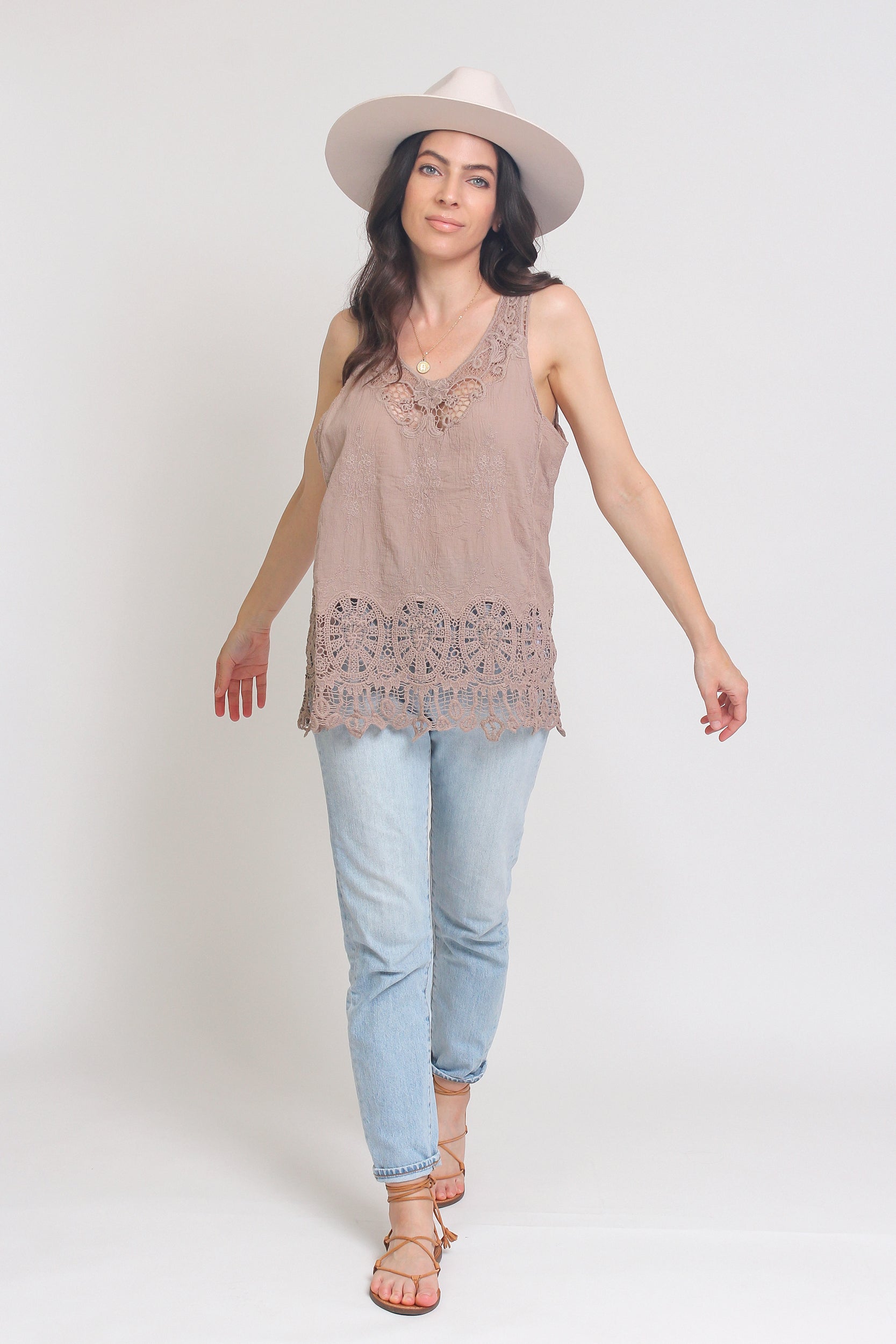 Embroidered top with crochet lace detail, in Mocha. Image 3