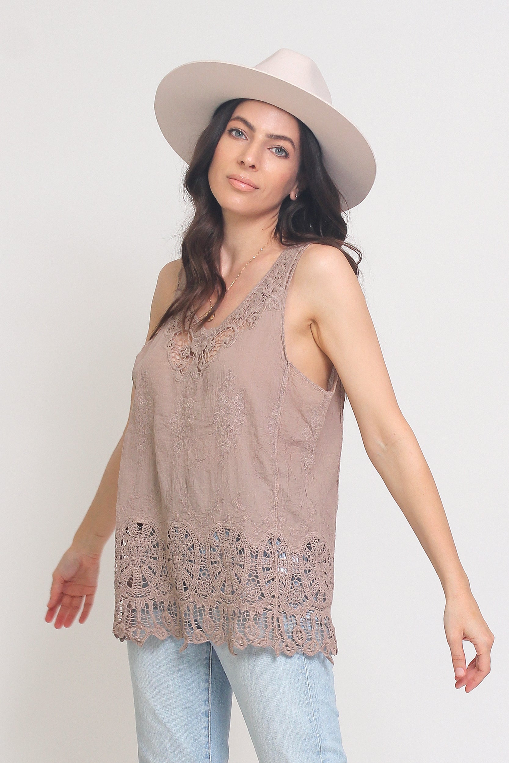 Embroidered top with crochet lace detail, in Mocha. Image 4