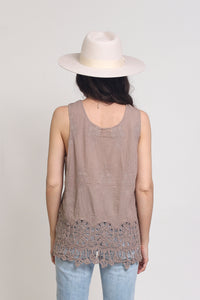 Embroidered top with crochet lace detail, in Mocha. Image 5