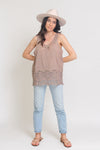 Embroidered top with crochet lace detail, in Mocha. Image 6
