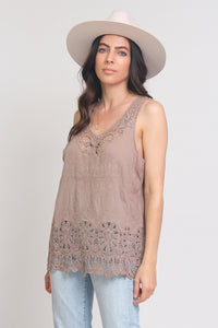 Embroidered top with crochet lace detail, in Mocha. Image 8