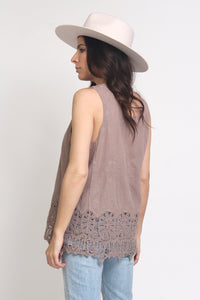 Embroidered top with crochet lace detail, in Mocha. Image 9