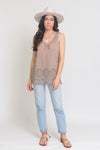 Embroidered top with crochet lace detail, in Mocha.