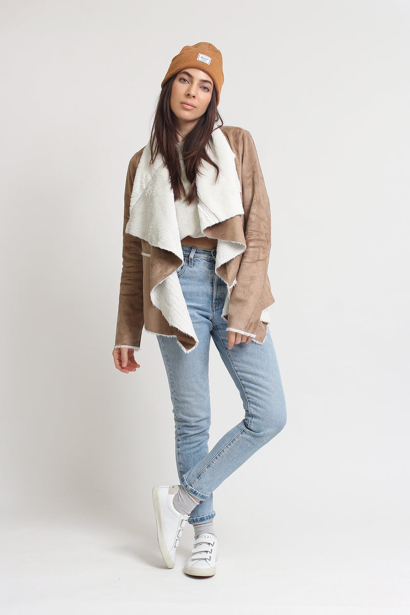 Faux suede sherpa jacket, in camel. Image 3