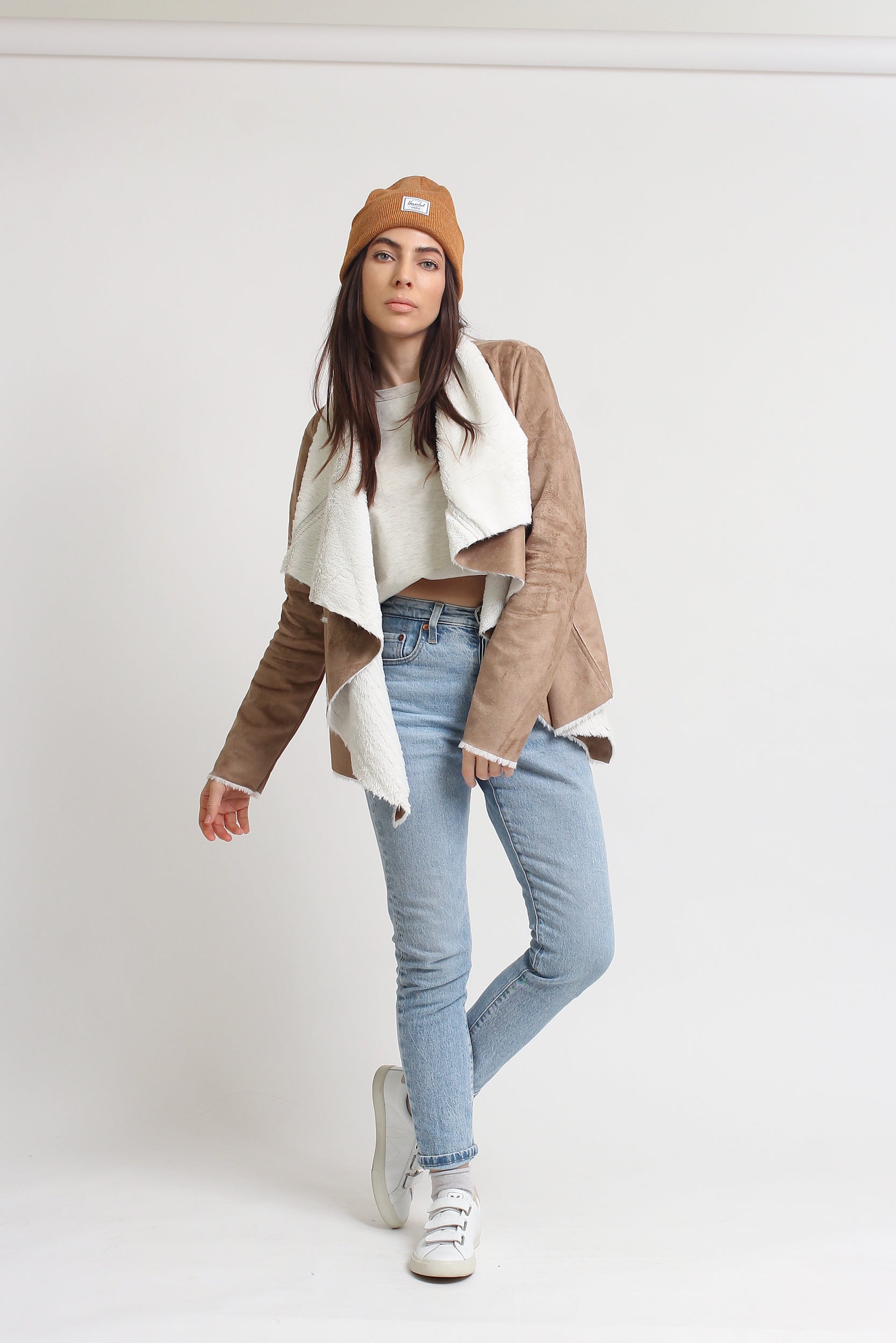 Faux suede sherpa jacket, in camel. Image 4