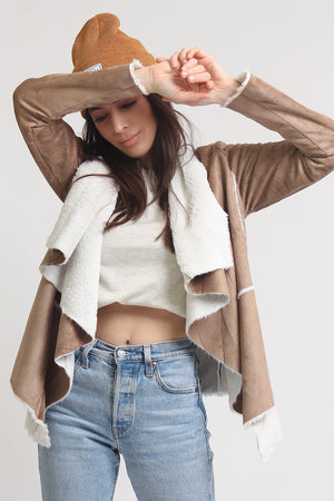 Faux suede sherpa jacket, in camel. Image 8
