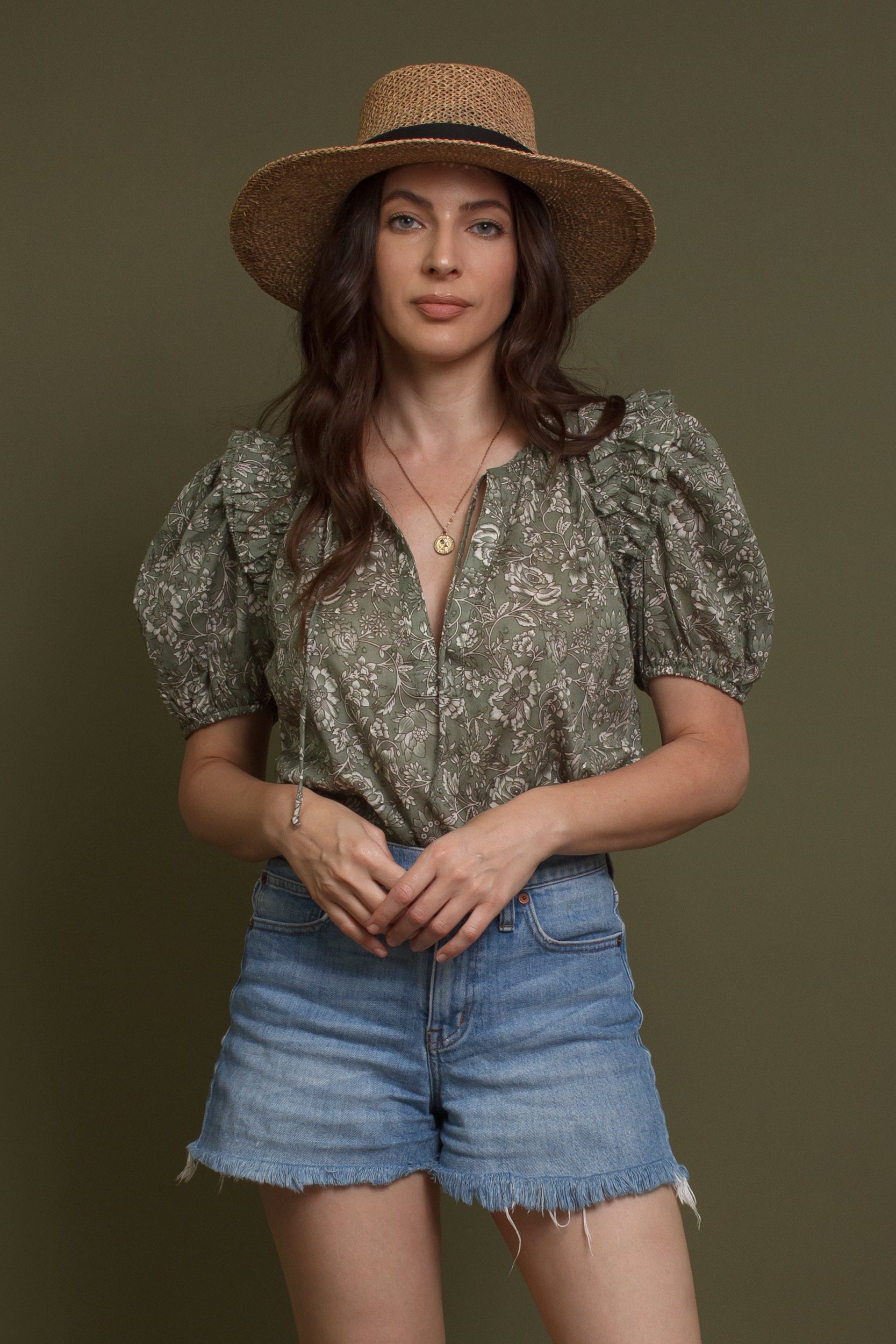 Floral print puff sleeve cotton blouse, in olive. Image 10
