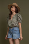 Floral print puff sleeve cotton blouse, in olive. Image 11
