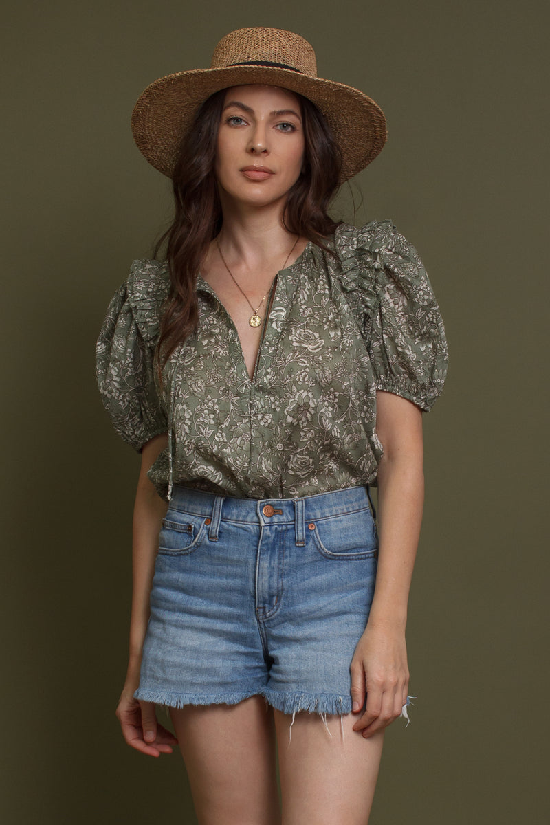 Floral print puff sleeve cotton blouse, in olive. Image 12