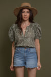 Floral print puff sleeve cotton blouse, in olive. Image 2