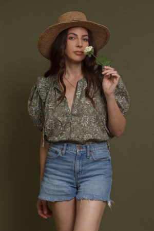 Floral print puff sleeve cotton blouse, in olive. Image 4