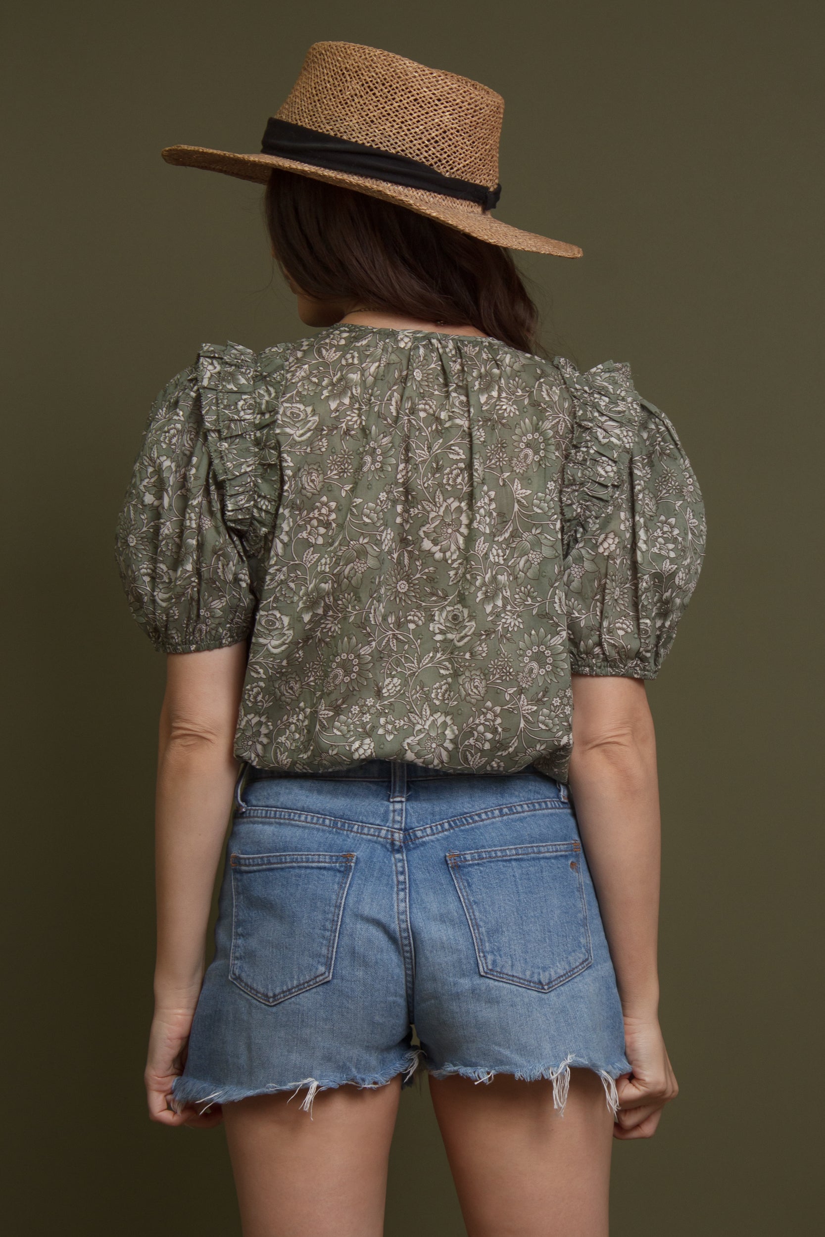 Floral print puff sleeve cotton blouse, in olive. Image 5